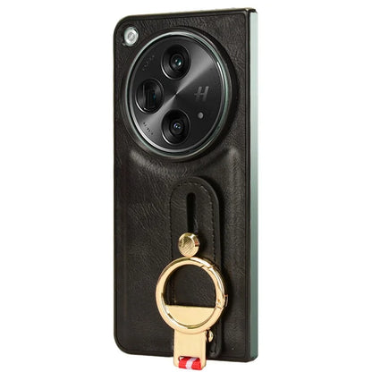 For OnePlus Open Back Cover PU Leather+PC Bottle Opener Ring Phone Cover