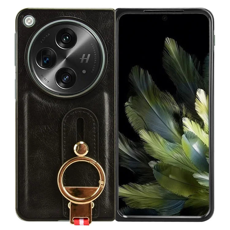 For OnePlus Open Back Cover PU Leather+PC Bottle Opener Ring Phone Cover