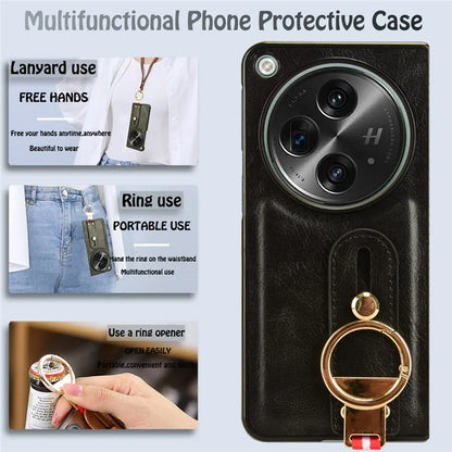 For OnePlus Open Back Cover PU Leather+PC Bottle Opener Ring Phone Cover