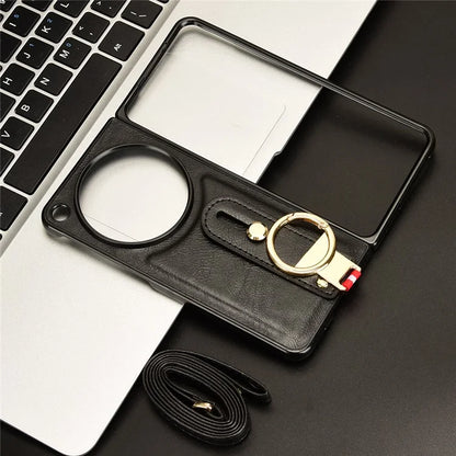 For OnePlus Open Back Cover PU Leather+PC Bottle Opener Ring Phone Cover