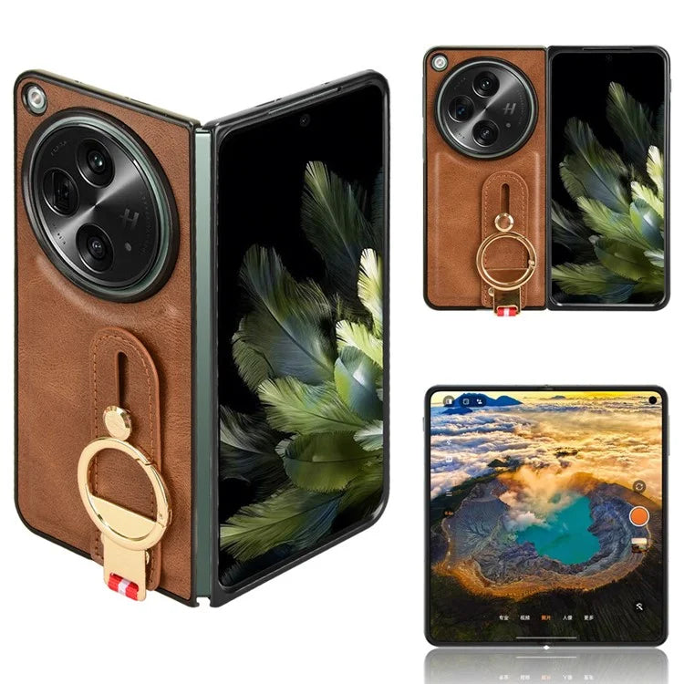 For OnePlus Open Back Cover PU Leather+PC Bottle Opener Ring Phone Cover