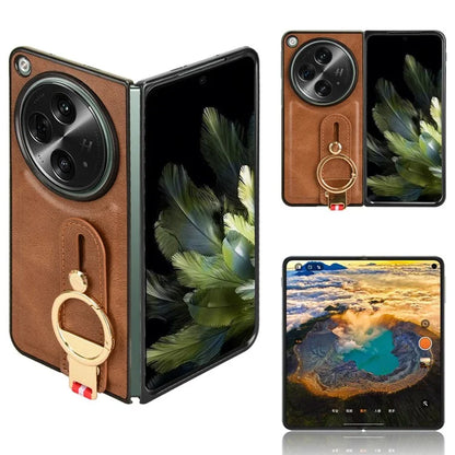 For OnePlus Open Back Cover PU Leather+PC Bottle Opener Ring Phone Cover