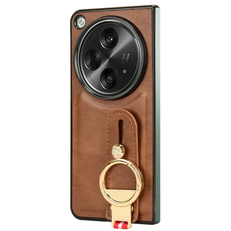 For OnePlus Open Back Cover PU Leather+PC Bottle Opener Ring Phone Cover