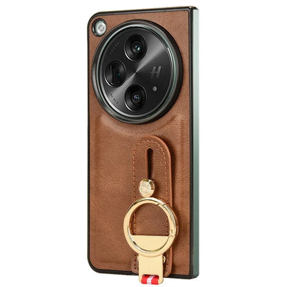 For OnePlus Open Back Cover PU Leather+PC Bottle Opener Ring Phone Cover