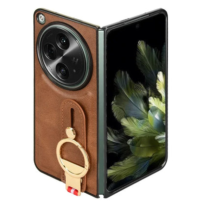 For OnePlus Open Back Cover PU Leather+PC Bottle Opener Ring Phone Cover