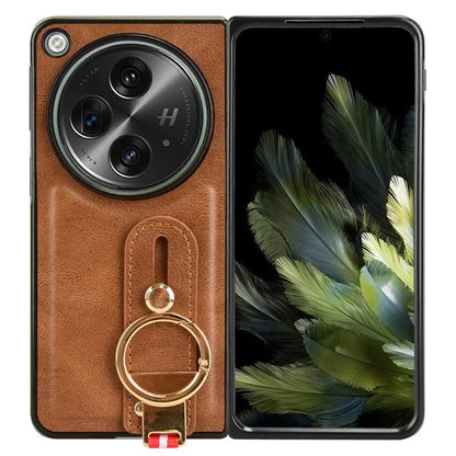 For OnePlus Open Back Cover PU Leather+PC Bottle Opener Ring Phone Cover