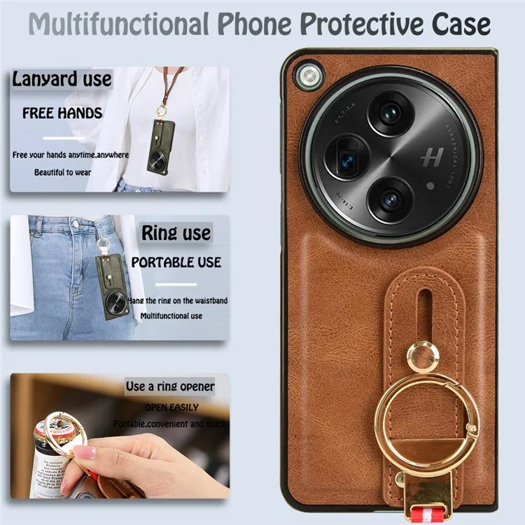 For OnePlus Open Back Cover PU Leather+PC Bottle Opener Ring Phone Cover