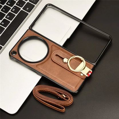 For OnePlus Open Back Cover PU Leather+PC Bottle Opener Ring Phone Cover