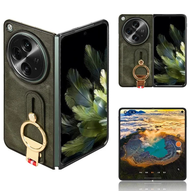 For OnePlus Open Back Cover PU Leather+PC Bottle Opener Ring Phone Cover