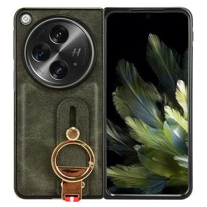 For OnePlus Open Back Cover PU Leather+PC Bottle Opener Ring Phone Cover