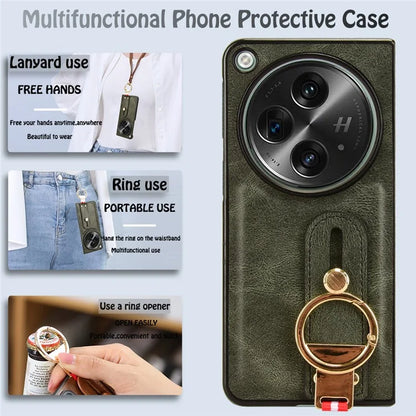 For OnePlus Open Back Cover PU Leather+PC Bottle Opener Ring Phone Cover