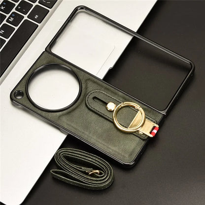 For OnePlus Open Back Cover PU Leather+PC Bottle Opener Ring Phone Cover