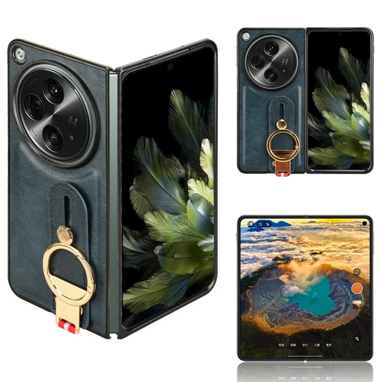 For OnePlus Open Back Cover PU Leather+PC Bottle Opener Ring Phone Cover