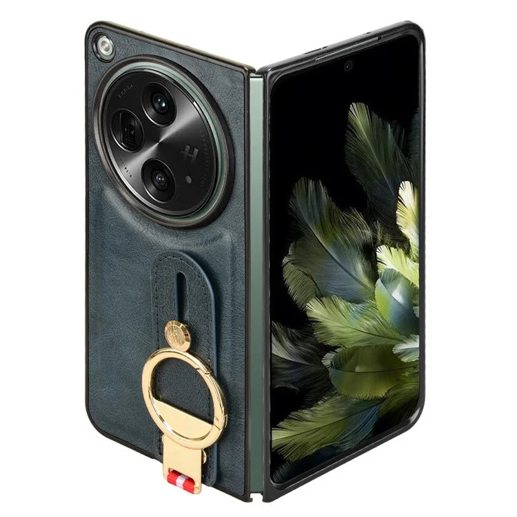 For OnePlus Open Back Cover PU Leather+PC Bottle Opener Ring Phone Cover