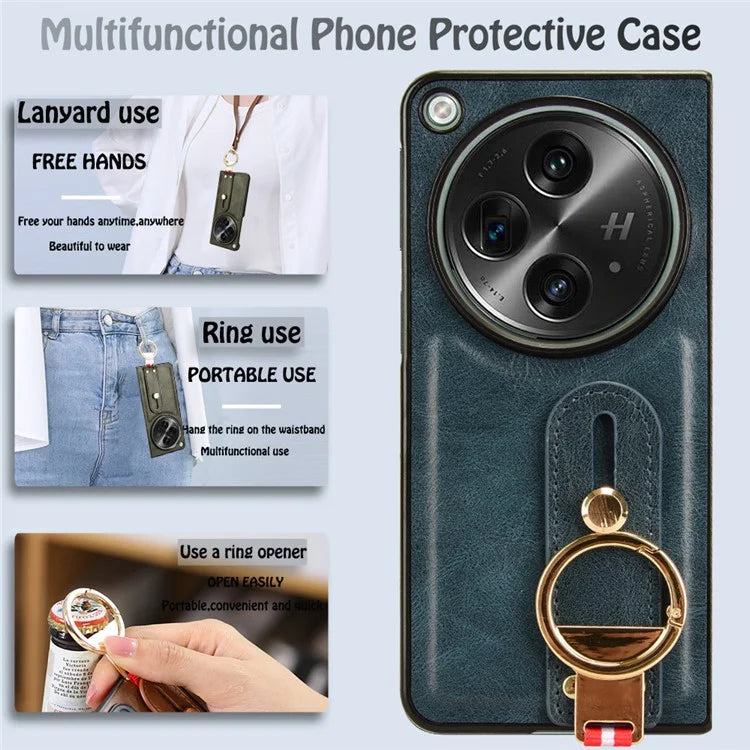 For OnePlus Open Back Cover PU Leather+PC Bottle Opener Ring Phone Cover