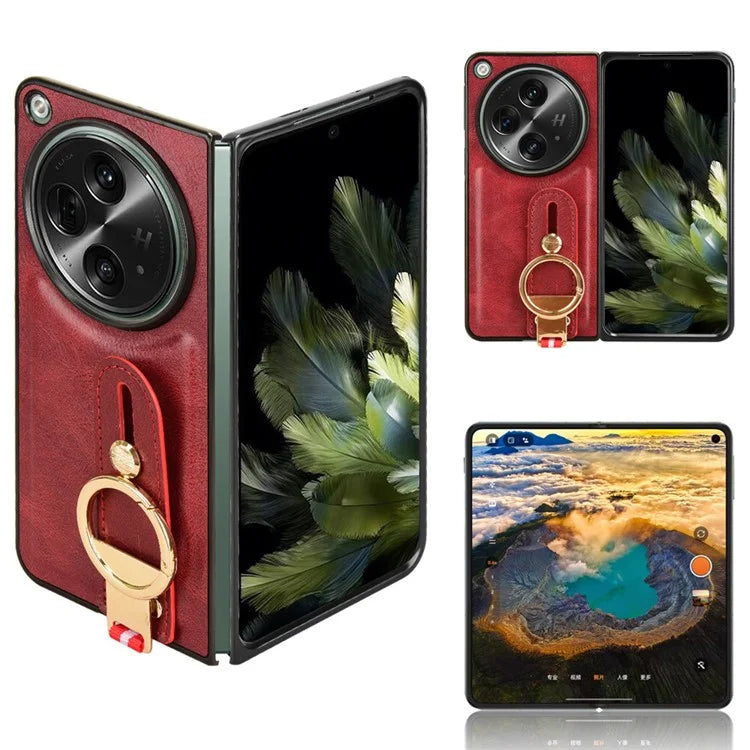 For OnePlus Open Back Cover PU Leather+PC Bottle Opener Ring Phone Cover