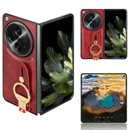 For OnePlus Open Back Cover PU Leather+PC Bottle Opener Ring Phone Cover