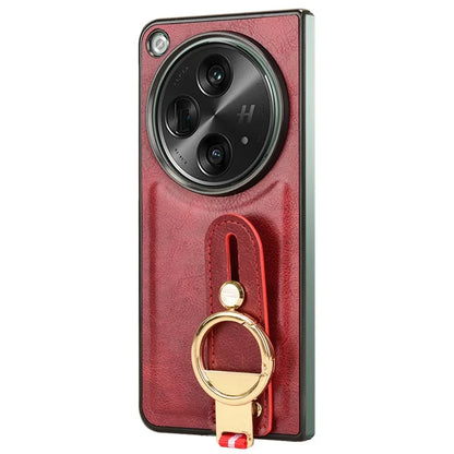 For OnePlus Open Back Cover PU Leather+PC Bottle Opener Ring Phone Cover