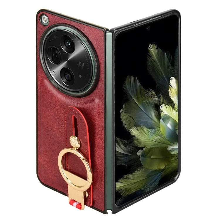 For OnePlus Open Back Cover PU Leather+PC Bottle Opener Ring Phone Cover
