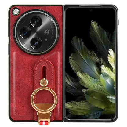 For OnePlus Open Back Cover PU Leather+PC Bottle Opener Ring Phone Cover