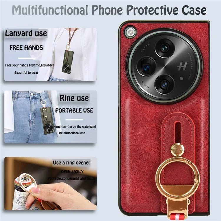 For OnePlus Open Back Cover PU Leather+PC Bottle Opener Ring Phone Cover