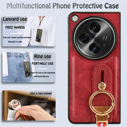 For OnePlus Open Back Cover PU Leather+PC Bottle Opener Ring Phone Cover
