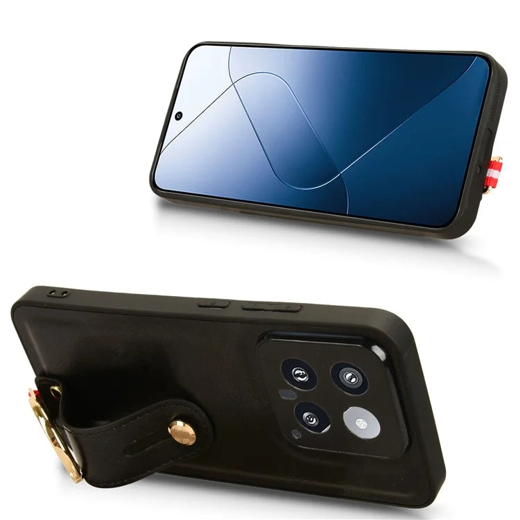 Cell Phone Case for Xiaomi 14 Anti-scratch PU Leather+PC+TPU Wristband Cover