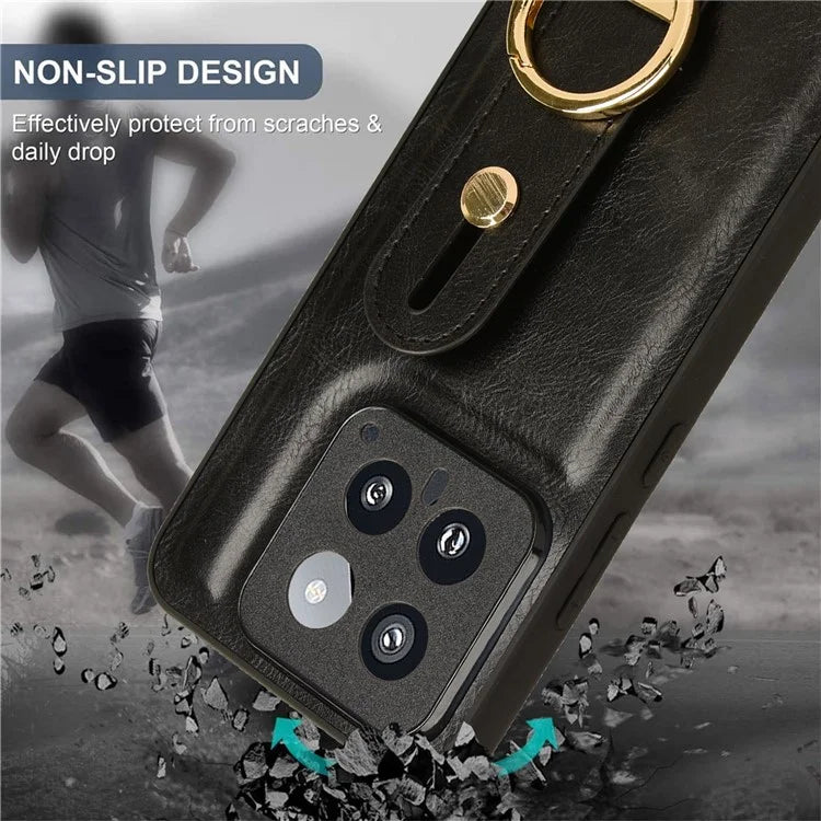 Cell Phone Case for Xiaomi 14 Anti-scratch PU Leather+PC+TPU Wristband Cover
