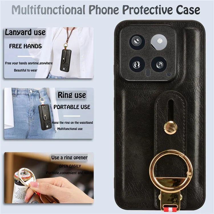 Cell Phone Case for Xiaomi 14 Anti-scratch PU Leather+PC+TPU Wristband Cover