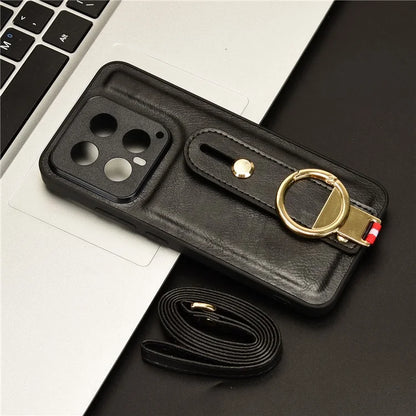 Cell Phone Case for Xiaomi 14 Anti-scratch PU Leather+PC+TPU Wristband Cover