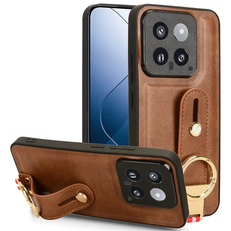Cell Phone Case for Xiaomi 14 Anti-scratch PU Leather+PC+TPU Wristband Cover