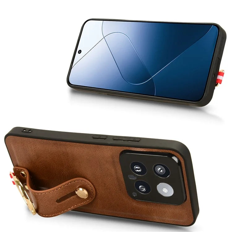Cell Phone Case for Xiaomi 14 Anti-scratch PU Leather+PC+TPU Wristband Cover