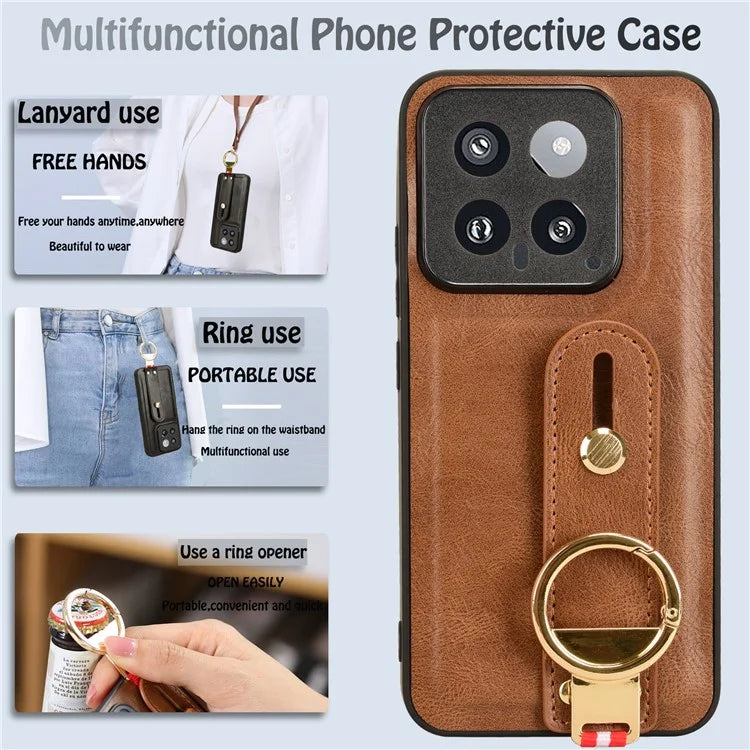 Cell Phone Case for Xiaomi 14 Anti-scratch PU Leather+PC+TPU Wristband Cover