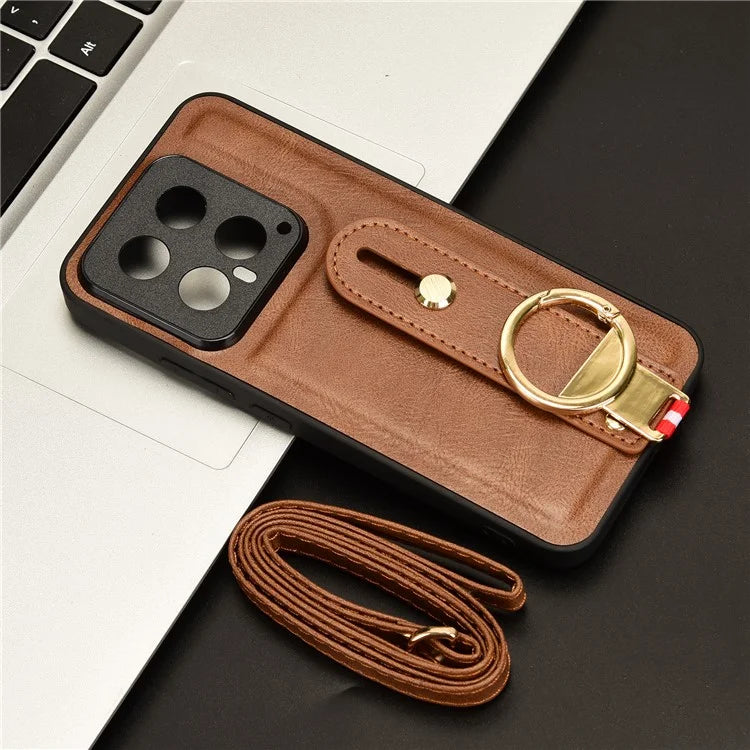 Cell Phone Case for Xiaomi 14 Anti-scratch PU Leather+PC+TPU Wristband Cover