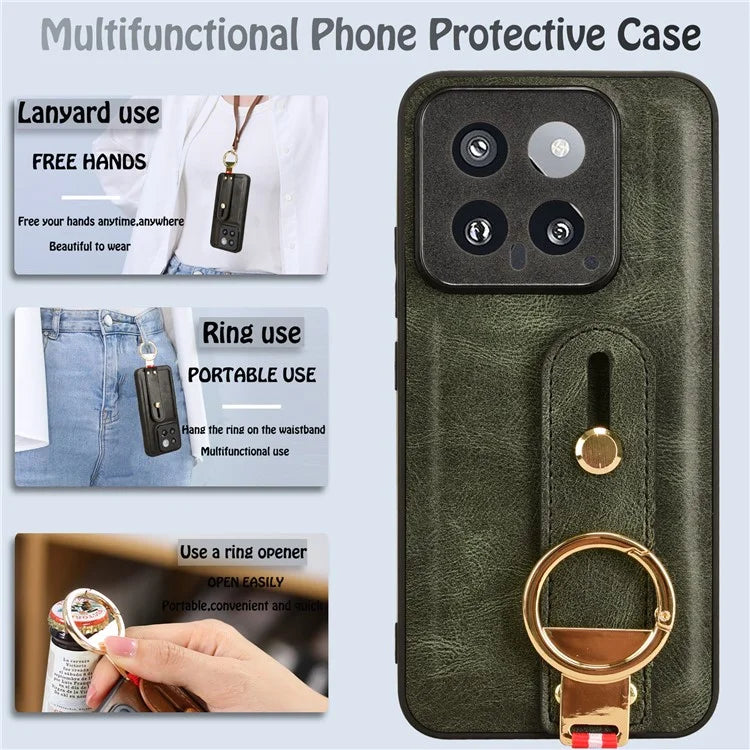 Cell Phone Case for Xiaomi 14 Anti-scratch PU Leather+PC+TPU Wristband Cover