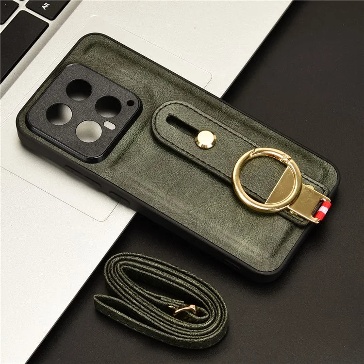 Cell Phone Case for Xiaomi 14 Anti-scratch PU Leather+PC+TPU Wristband Cover