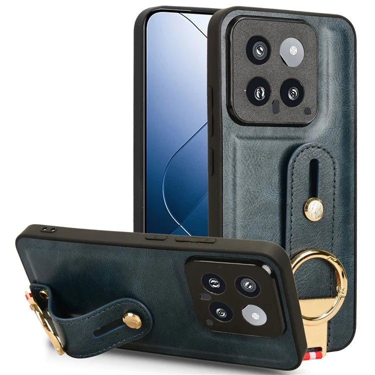 Cell Phone Case for Xiaomi 14 Anti-scratch PU Leather+PC+TPU Wristband Cover