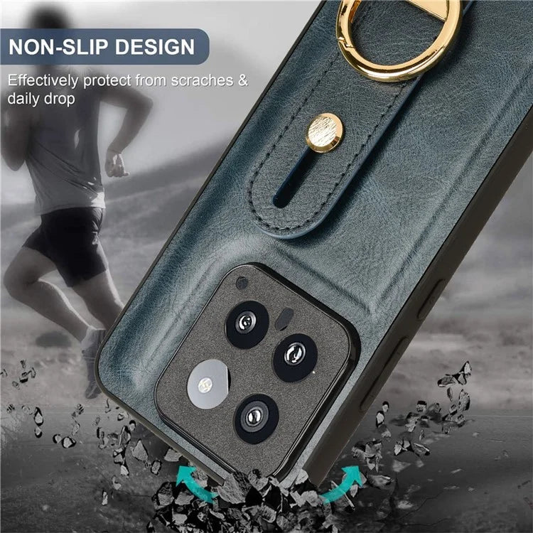 Cell Phone Case for Xiaomi 14 Anti-scratch PU Leather+PC+TPU Wristband Cover