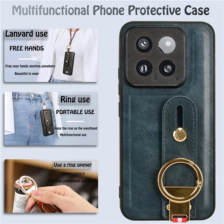 Cell Phone Case for Xiaomi 14 Anti-scratch PU Leather+PC+TPU Wristband Cover