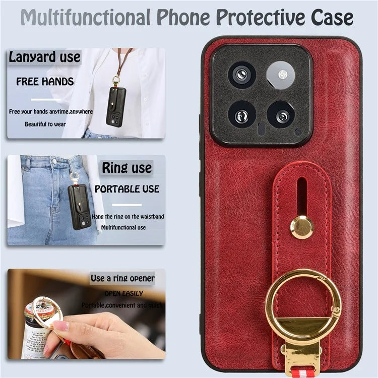 Cell Phone Case for Xiaomi 14 Anti-scratch PU Leather+PC+TPU Wristband Cover