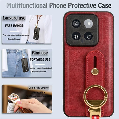 Cell Phone Case for Xiaomi 14 Anti-scratch PU Leather+PC+TPU Wristband Cover