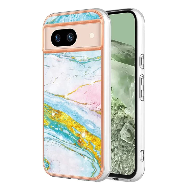YB IMD Series-2 For Google Pixel 8a Soft TPU Cover Marble Pattern Electroplated Edge Phone Case