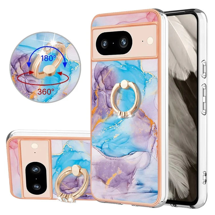 YB IMD Series-6 For Google Pixel 8 Case Marble Pattern TPU Cover with Ring Kickstand
