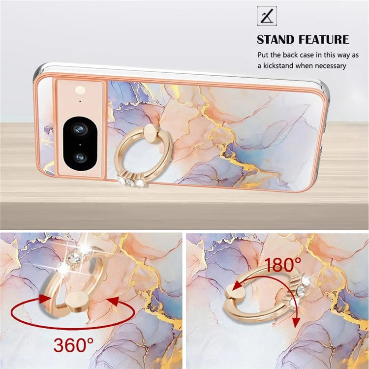 YB IMD Series-6 For Google Pixel 8 Case Marble Pattern TPU Cover with Ring Kickstand