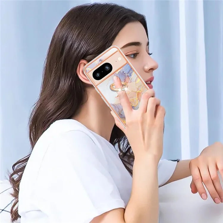 YB IMD Series-6 For Google Pixel 8 Case Marble Pattern TPU Cover with Ring Kickstand