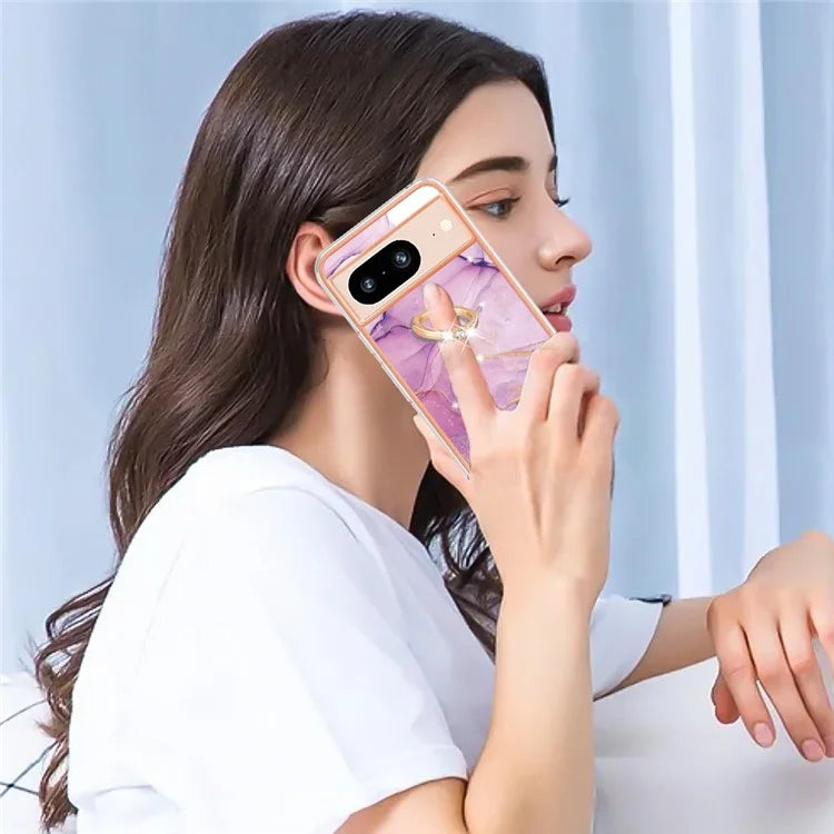 YB IMD Series-10 For Google Pixel 8 Case IMD Electroplating Ring Kickstand Anti-scratch TPU Cover