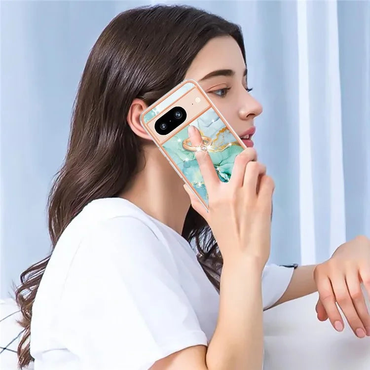 YB IMD Series-10 For Google Pixel 8 Case IMD Electroplating Ring Kickstand Anti-scratch TPU Cover