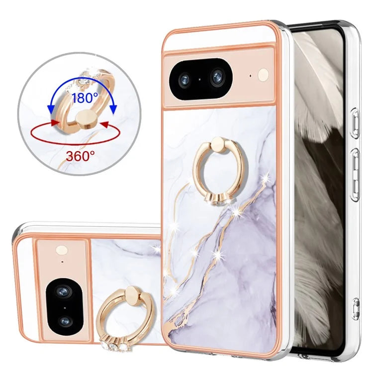 YB IMD Series-10 For Google Pixel 8 Case IMD Electroplating Ring Kickstand Anti-scratch TPU Cover