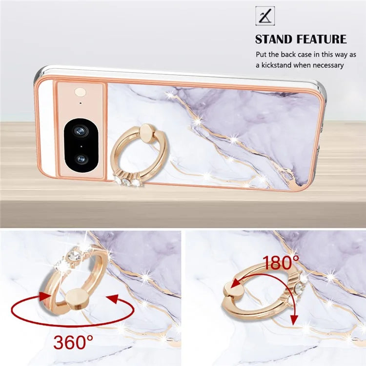 YB IMD Series-10 For Google Pixel 8 Case IMD Electroplating Ring Kickstand Anti-scratch TPU Cover