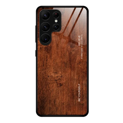 For Samsung Galaxy S24 Ultra Case Wood Texture Tempered Glass TPU Protective Phone Case